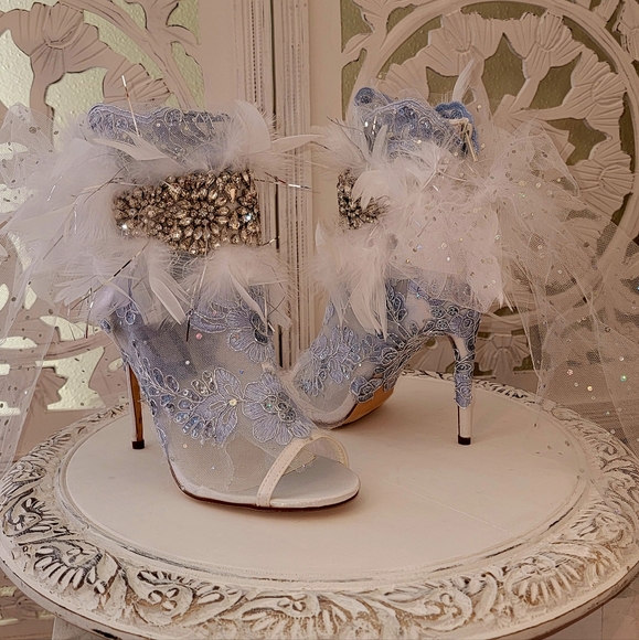 Romantic "KARA" Something Blue Feather Crystal Ankle Boots - Picture 3 of 9